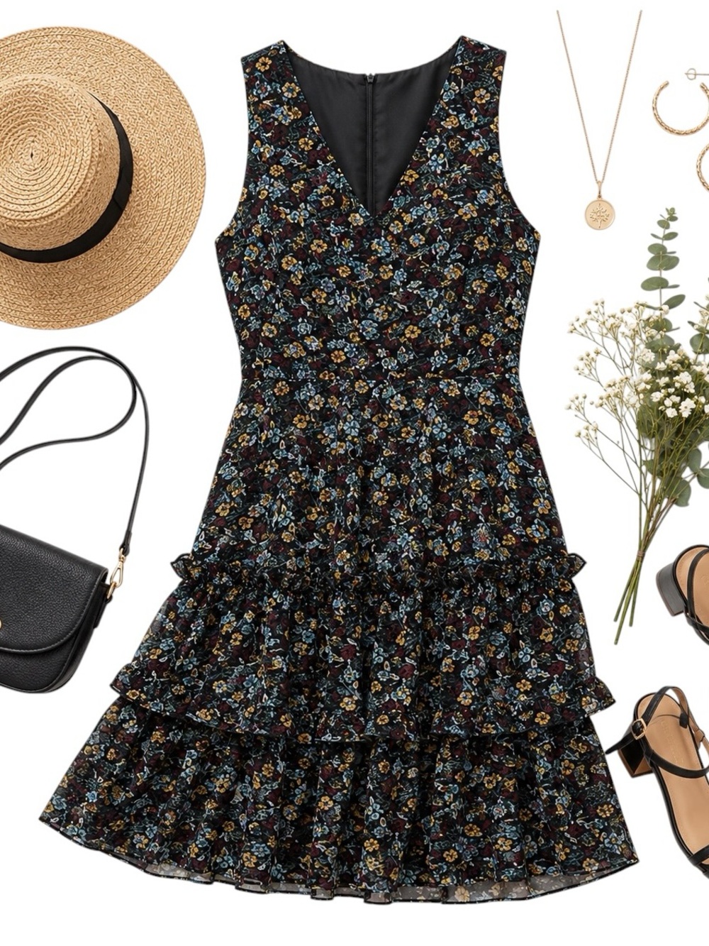 BCBG Paris Dark Floral Ruffle Hem Boho Mini Dress Womens Small Cottagecore EUC